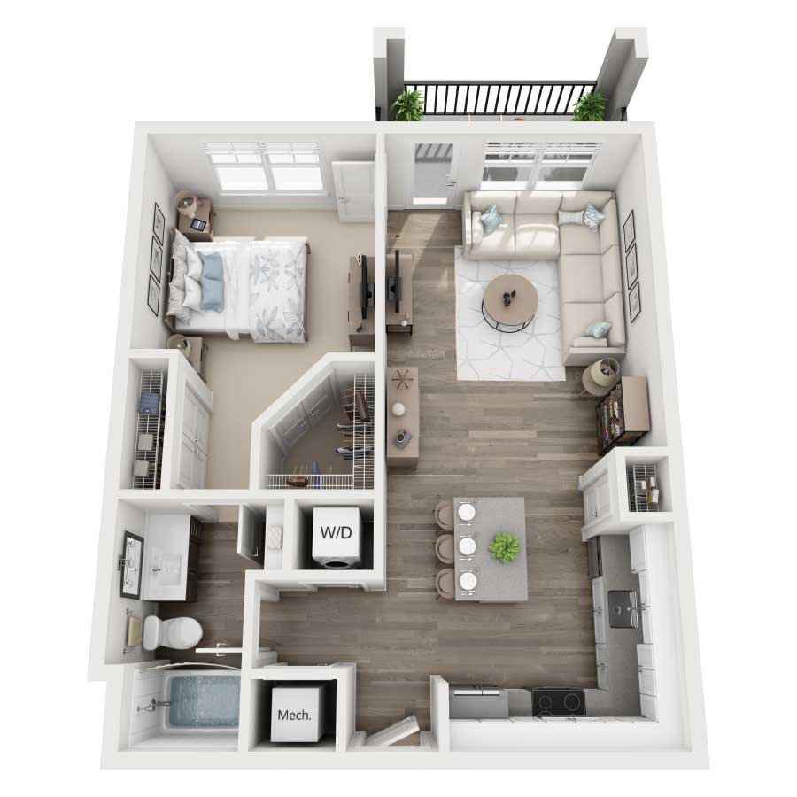 Rendering of the A1 floor plan with 1 bedroom[s] and 1 bathroom[s] at Westshore Marina