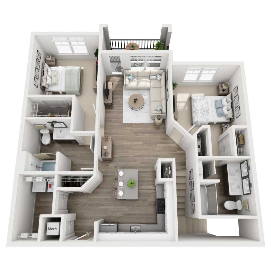 Rendering of the B1 w/ Garage floor plan with 2 bedroom[s] and 2 bathroom[s] at Westshore Marina