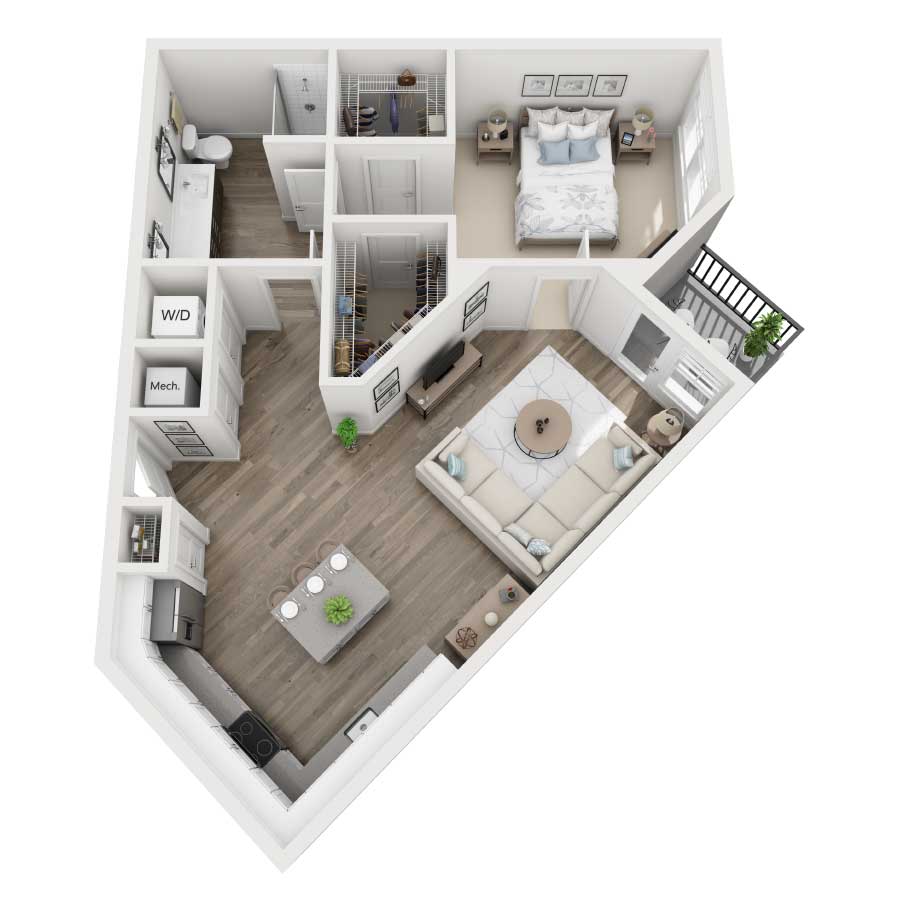 Rendering of the A2 floor plan with 1 bedroom[s] and 1 bathroom[s] at Westshore Marina