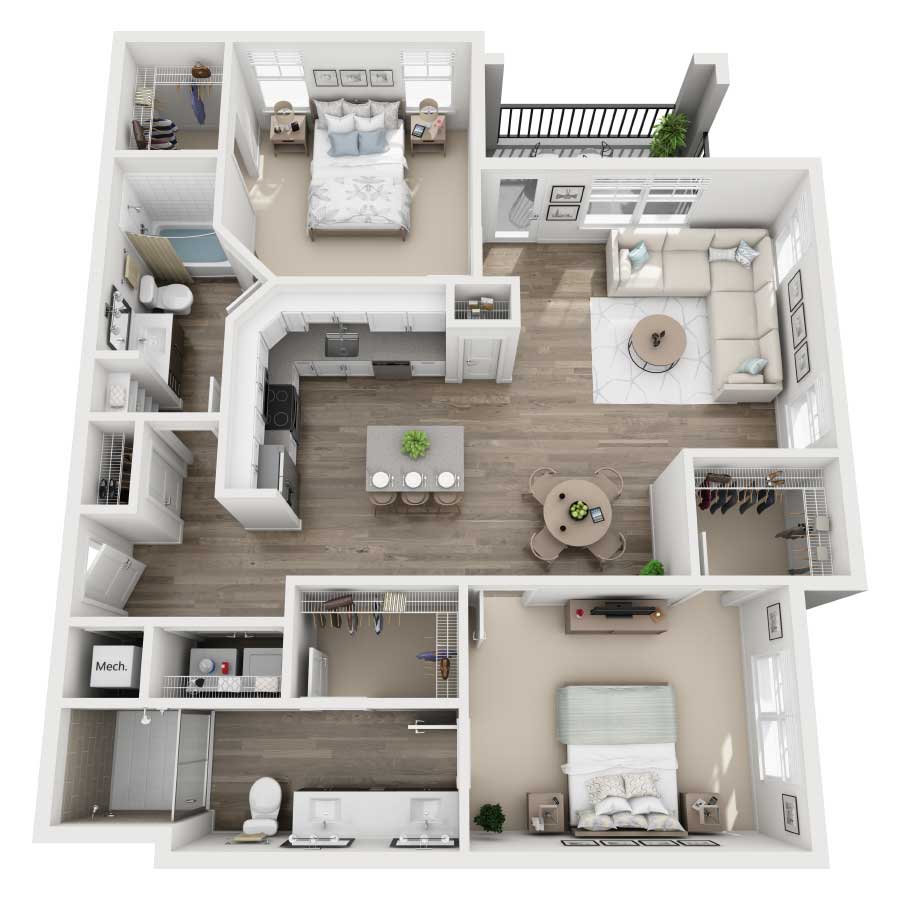 Rendering of the B3 floor plan with 2 bedroom[s] and 2 bathroom[s] at Westshore Marina
