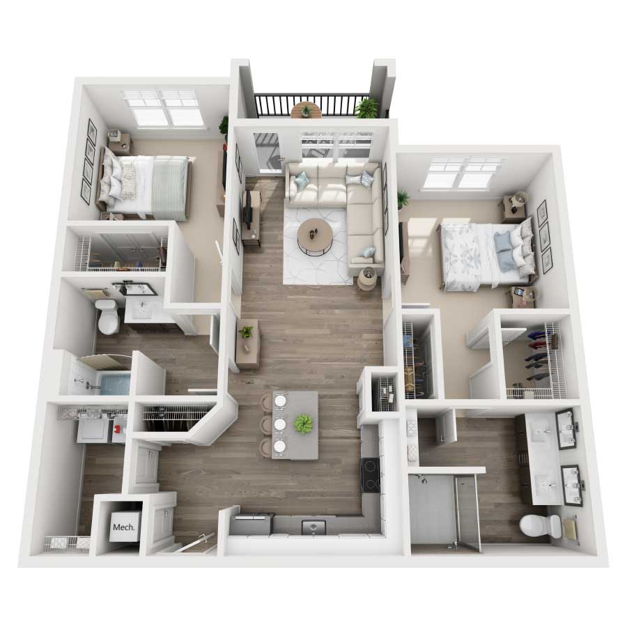 Rendering of the B2 floor plan with 2 bedroom[s] and 2 bathroom[s] at Westshore Marina