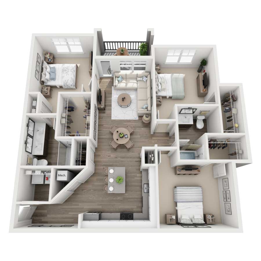 Rendering of the C1 floor plan with 3 bedroom[s] and 2 bathroom[s] at Westshore Marina